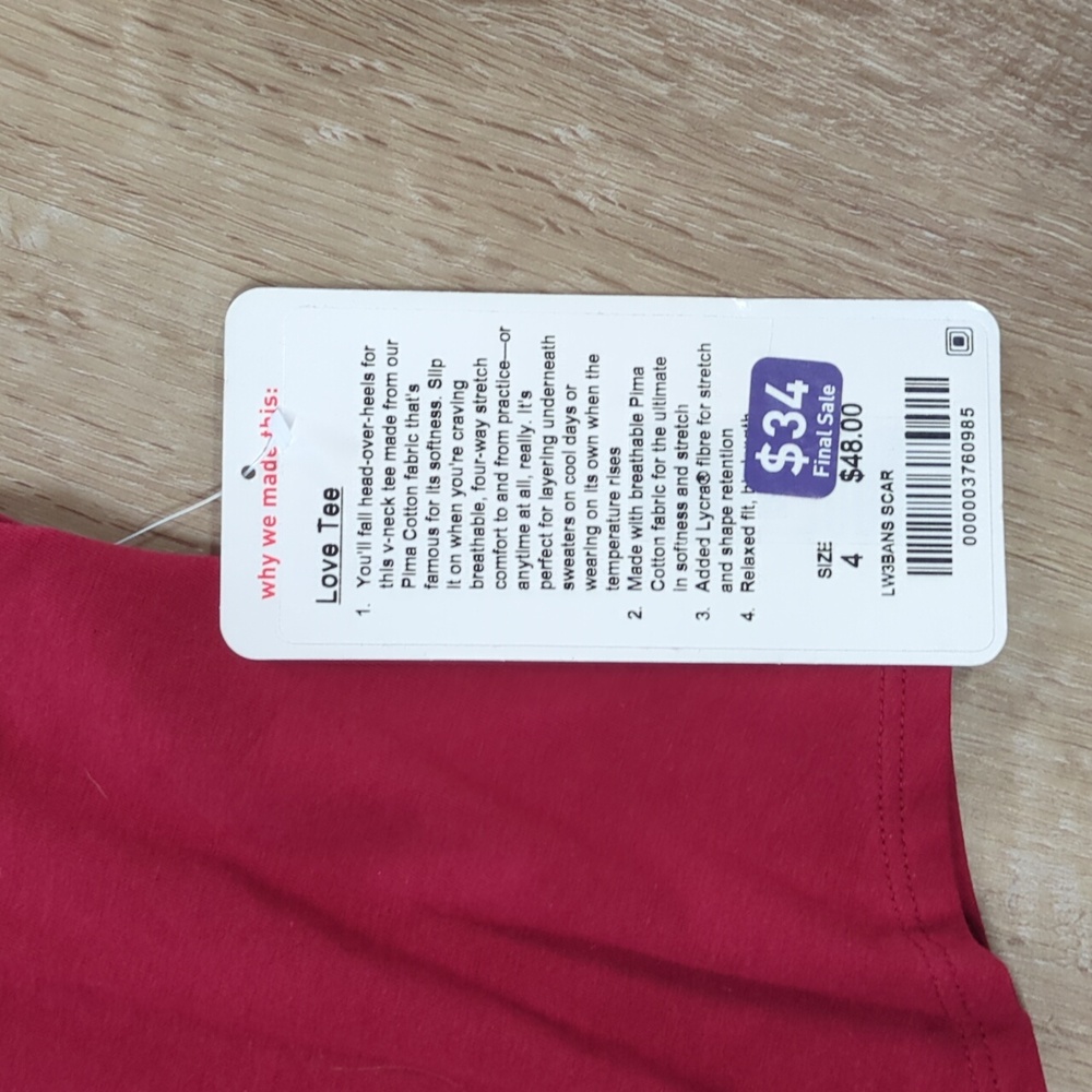 COPY - Lululemon love tee Brand new with tag size 4. Red - Picture 2 of 5